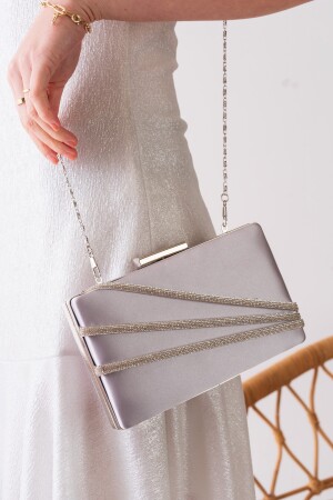 Satin-Silber, dreireihiges Abendkleid-Portfolio und Clutch-Tasche mit Steinen - 4