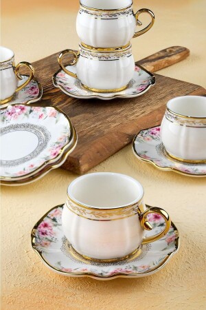 Scarlet Çiçek Desen Gold Yaldız 90 ml 6 Kişilik Porselen Kahve Fincanı Takımı 0195 HXF-22-0195-12 - ACAR