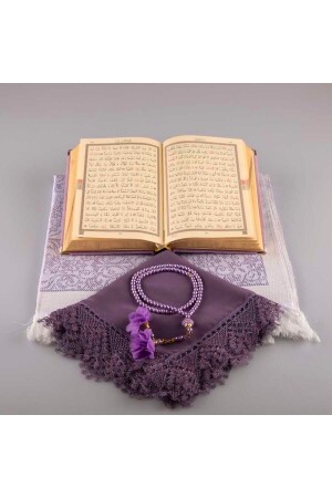 Schal + Gebetsteppich + Gebetsperlen + Koran-Geschenkset (Hafiz-Größe – Samt – Flieder) - 4