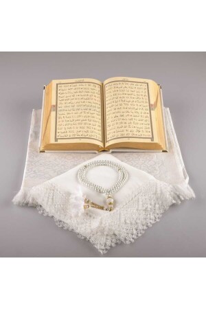 Schal-Gebetsteppich, Gebetsperlen, Koran-Geschenkset (HAFIZ – SAMT – WEIß) - 5