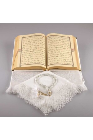 Schal + Gebetsteppich + Gebetsperlen + Koran-Geschenkset (mittelgroß – Samt – Weiß) - 5