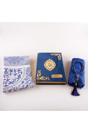 Schal-Gebetsteppich, Gebetsperlen, Koran-Geschenkset (mittlere Größe – Samt – Dunkelblau – Lafzatullah) - 3