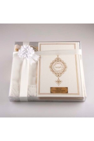 Schal + Gebetsteppich + Gebetsperlen + Koran-Geschenkset (mittlere Größe – Weiß) - 1