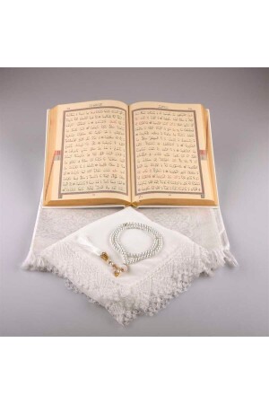 Schal + Gebetsteppich + Gebetsperlen + Koran-Geschenkset (mittlere Größe – Weiß) - 4