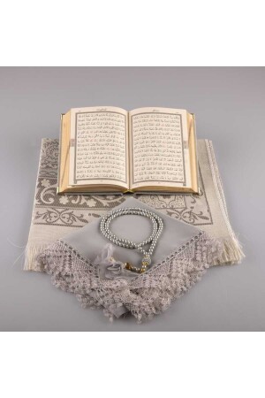 Schal + Gebetsteppich + Gebetsperlen + Koran-Geschenkset (Taschengröße – Samt – Grau) - 5