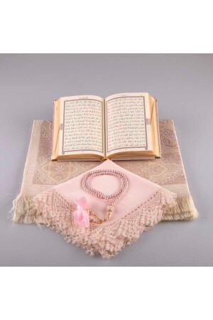 Schal + Gebetsteppich + Gebetsperlen + Koran-Geschenkset (Taschengröße – Samt – Puderrosa) - 4