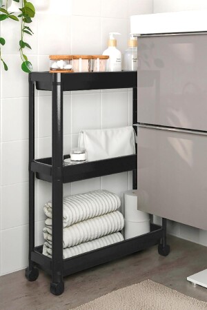 Schlankes 3-stufiges Rollregal in Schwarz, Badezimmerregal, Küchenregal, Serviertisch, Organizer OMS-004-SYH - 2