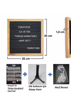 Schreibtafel, Nachrichtentafel mit türkischen Zeichen und Emoji-Buchstaben-Set, Holzrahmen und Holzständer 1001 - 4
