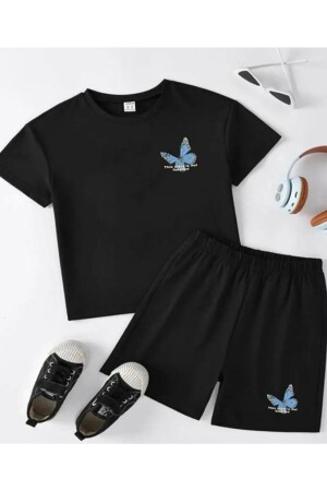 Schwarz-blaues Shorts-Set für Mädchen/Jungen mit Schmetterlingsdruck kkelebek1 - 1