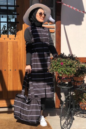 Schwarz gestreifter, vollständig bedeckter Hijab-Badeanzug für Damen, 2er-Set, Minel-Badeanzug 005 - 1