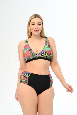 Schwarz-grünes gemischtes Muster-Bikini-Set für Damen in Übergröße mit hoher Taille und Schmetterlingsmuster - 1