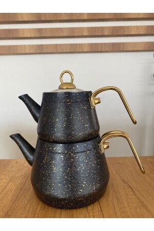 Schwarze 3-teilige Granit-Teekanne mit goldenem Metallgriff KSM-029 S - 1