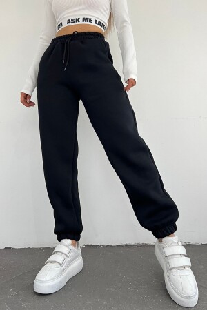 Schwarze Basic-Jogger-Jogginghose für Damen im Winter mit dickem Innenfleece und hoher Taille - 1