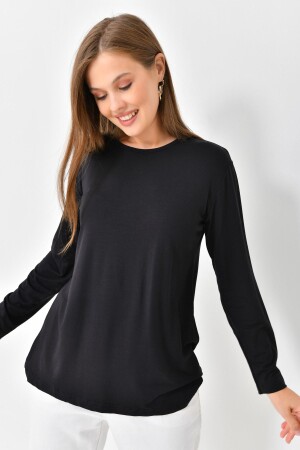 Schwarze Bluse mit langen Ärmeln, T-Shirt für Damen. Schwarze lange Bluse, langärmlige Body-Bluse - 1