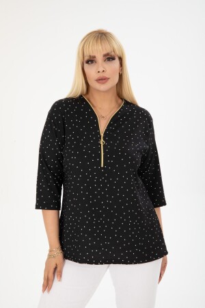 Schwarze Bluse mit Reißverschluss und Punktmuster - 1