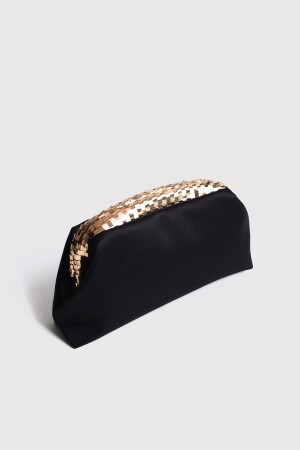 Schwarze Clutch-Abendtasche aus Satin mit goldenen Pailletten und detaillierten Details - 7