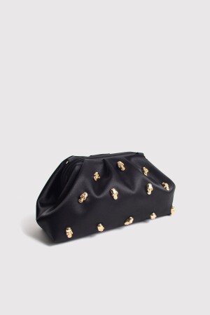 Schwarze Clutch-Abendtasche mit Totenkopfsteinen aus Satin und Stein - 4