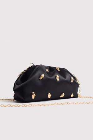 Schwarze Clutch-Abendtasche mit Totenkopfsteinen aus Satin und Stein - 5