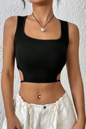 Schwarze Crop-Bluse aus Camisole-Stoff mit Cut-Outs für Damen - 1