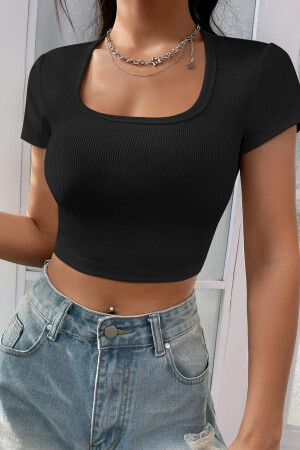 Schwarze Crop-Top-Bluse mit halben Ärmeln und geradem Kragen für Damen - 1