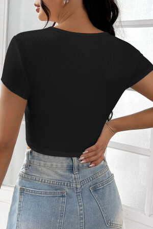 Schwarze Crop-Top-Bluse mit halben Ärmeln und geradem Kragen für Damen - 2