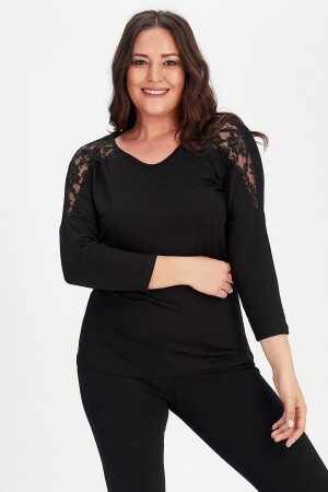 Schwarze Damen-Bluse mit langen Ärmeln und Spitze in Übergröße - 1