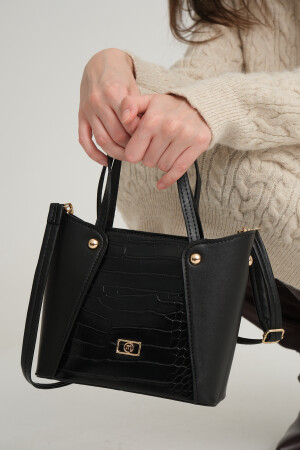 Schwarze Damen-Hand-/Schultertasche im Krokodilleder-Look - 2