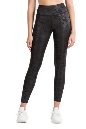 Schwarze Damen-Leggings mit hohem Bund und Tarnmuster, C-22404 - 1