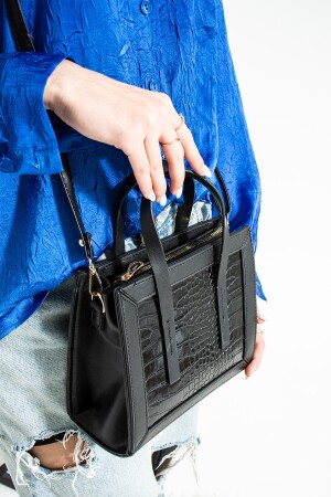 Schwarze Damenhandtasche mit Krokodilmuster und 3 Fächern und Umhängetasche E6707 - 5