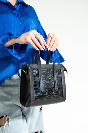Schwarze Damenhandtasche mit Krokodilmuster und 3 Fächern und Umhängetasche E6707 - 1