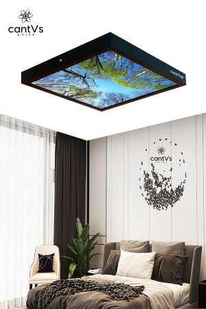 Schwarze Decke mit Holzrahmen, LED, 60 x 60 cm, Panel-Beleuchtung, Kronleuchter, Wohnzimmer, Schlafzimmer, Küche, weißes Licht YNİSYH01 - 1