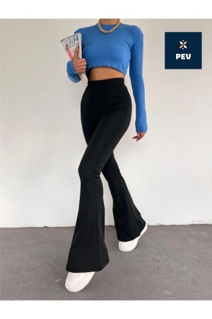 Schwarze, flexible Lycra-Strumpfhose für Damen mit hoher Taille, nicht freiliegender Crêpe-Strumpfhose mit Raffung und ausgestelltem Bein - 2