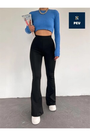 Schwarze, flexible Lycra-Strumpfhose für Damen mit hoher Taille, nicht freiliegender Crêpe-Strumpfhose mit Raffung und ausgestelltem Bein - 3