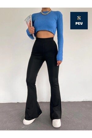 Schwarze, flexible Lycra-Strumpfhose für Damen mit hoher Taille, nicht freiliegender Crêpe-Strumpfhose mit Raffung und ausgestelltem Bein - 4