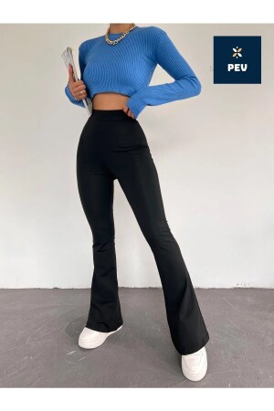 Schwarze, flexible Lycra-Strumpfhose für Damen mit hoher Taille, nicht freiliegender Crêpe-Strumpfhose mit Raffung und ausgestelltem Bein - 5