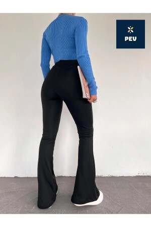 Schwarze, flexible Lycra-Strumpfhose für Damen mit hoher Taille, nicht freiliegender Crêpe-Strumpfhose mit Raffung und ausgestelltem Bein - 7