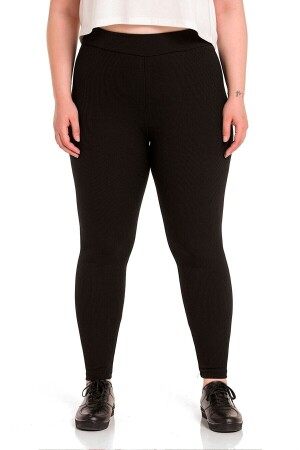 Schwarze, gerippte Leggings mit hoher Taille für Damen in Übergröße - 1