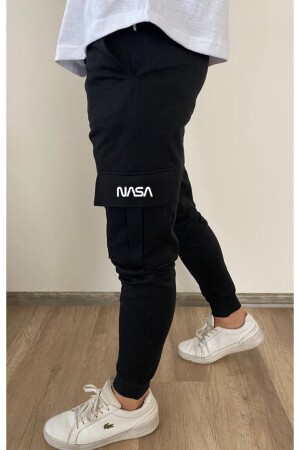 Schwarze Jogginghose mit NASA-Aufdruck und Cargotasche mit elastischem Bund - 1