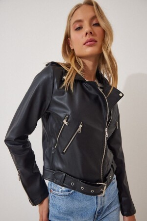 Schwarze Lederjacke für Damen mit Gürtel - 1