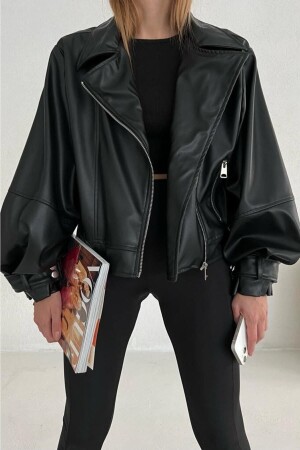 Schwarze Oversize-Lederjacke für Damen - 1