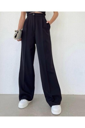 Schwarze Palazzo-Hose mit hoher Taille und Falten für Damen. - 1