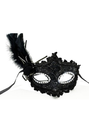 Schwarze Partymaske mit seitlicher Feder und Spitze, 20 x 20 cm - 1