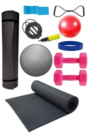 Schwarze Pilates-Matte, 65 cm und 20 cm Pilates-Ball, Pilates-Reifen, Seilwiderstandsreifen, 1 kg Hantel und - 1