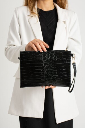 Schwarze Portfolio-Clutch mit Handschlaufe für Damen und Krokodilmuster - 1