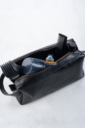Schwarze Portfolio-Handtasche für Herren, Pu-Leder, tägliche Reise-Rasiertasche – mit Reißverschluss und Tragegriff RETROTRS - 3