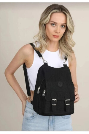 Schwarze Schulhandtasche und Rucksack aus Crinkle-Stoff für Damen 05 - 1