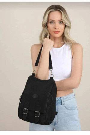 Schwarze Schulhandtasche und Rucksack aus Crinkle-Stoff für Damen 05 - 5