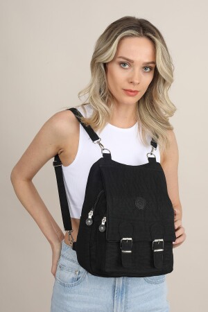 Schwarze Schulhandtasche und Rucksack aus Crinkle-Stoff für Damen MK1020121YT12-006 - 2
