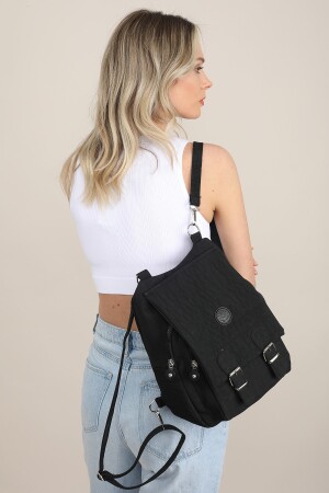 Schwarze Schulhandtasche und Rucksack aus Crinkle-Stoff für Damen MK1020121YT12-006 - 4