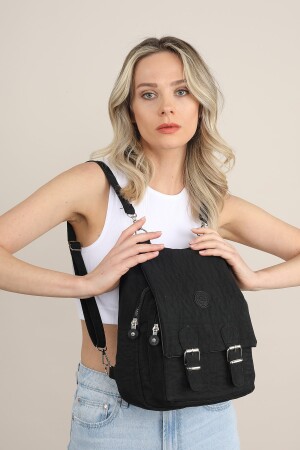 Schwarze Schulhandtasche und Rucksack aus Crinkle-Stoff für Damen MK1020121YT12-006 - 5